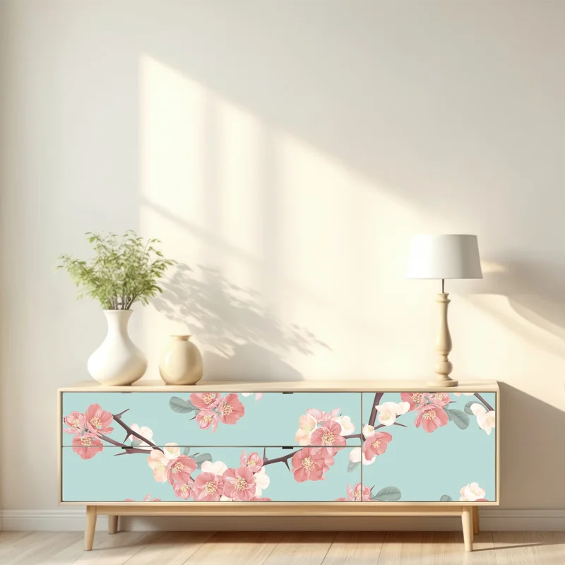 Repositionierbarer Aufkleber pastelliges kirschblütenmuster auf mintfarbenem hintergrund