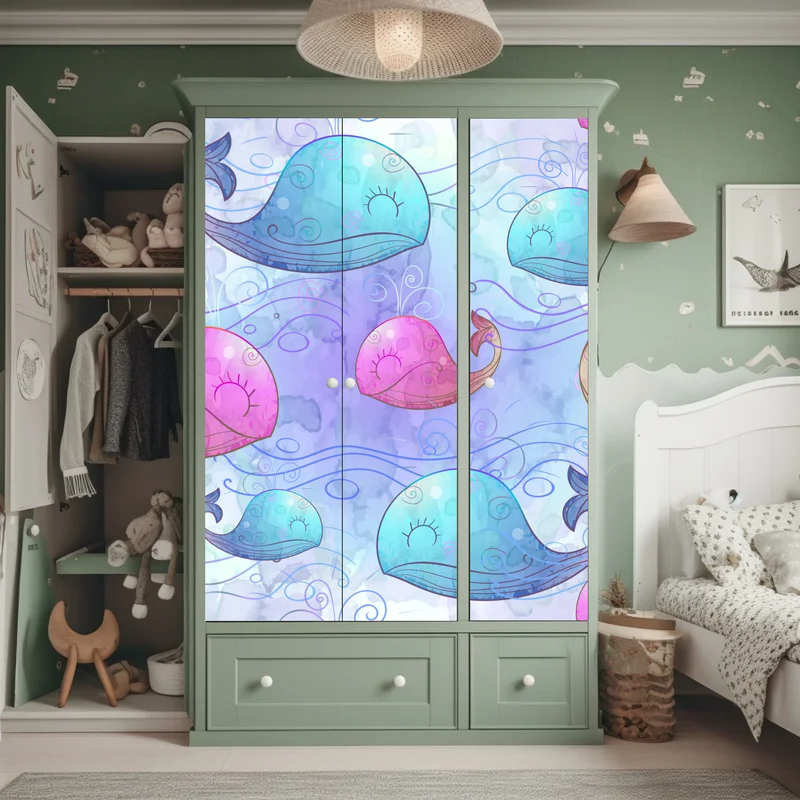 Schrankaufkleber aquarellwale im pastellmuster fürs kinderzimmer