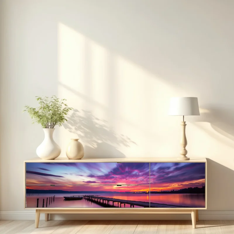 Repositionierbarer Aufkleber sonnenuntergang über ruhigem see mit hölzernem steg Repositionierbarer Aufkleber sonnenuntergang über ruhigem see mit hölzernem steg