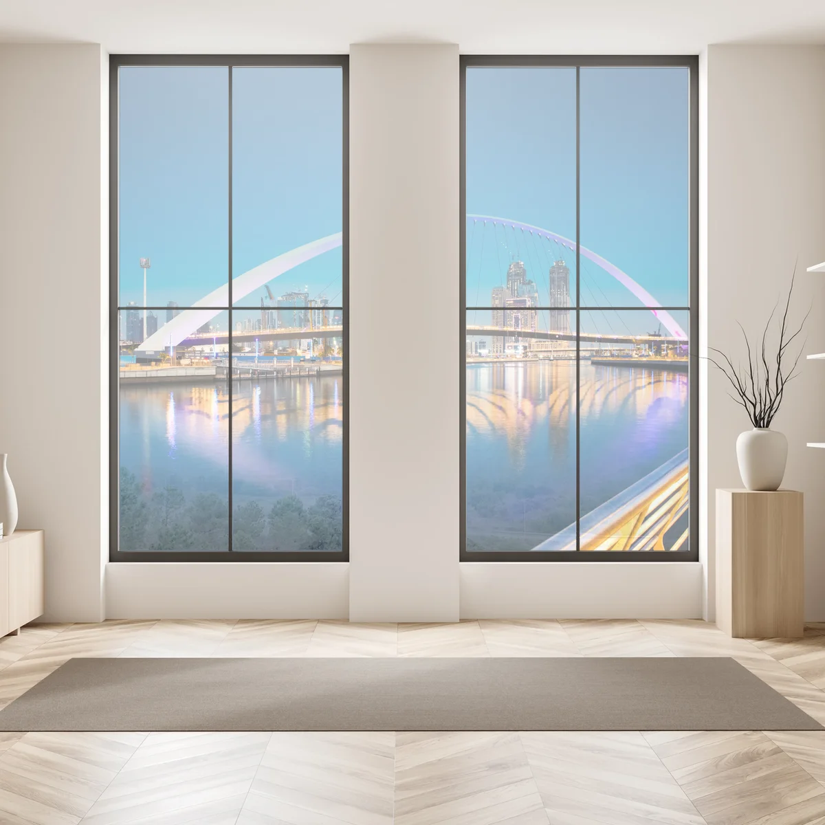 Fensteraufkleber Dubai skyline bei nacht mit beleuchteter brücke Fensteraufkleber Dubai skyline bei nacht mit beleuchteter brücke