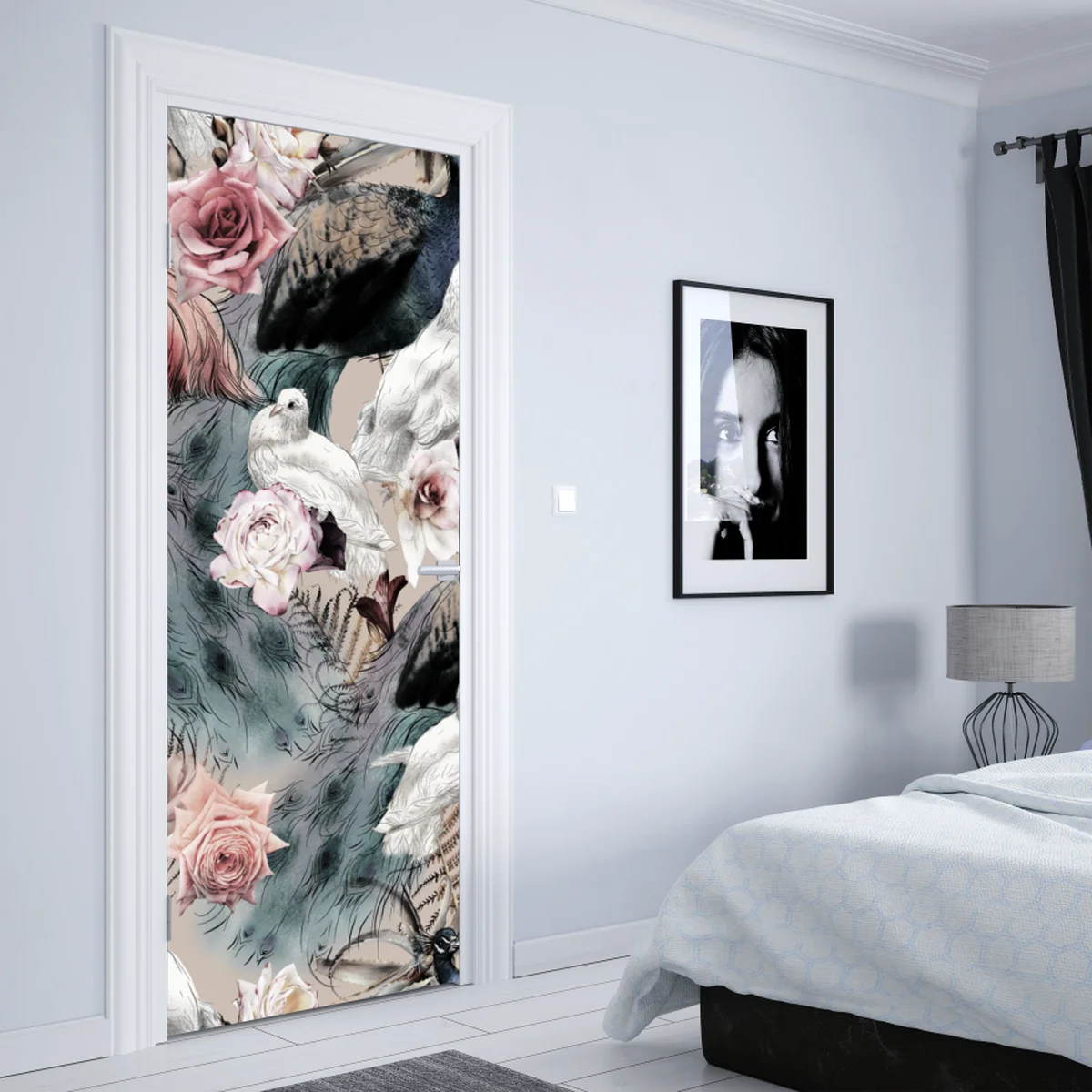 Türaufkleber aquarellmuster mit vögeln und rosen Türaufkleber aquarellmuster mit vögeln und rosen