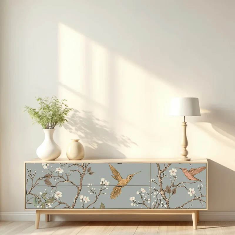 Repositionierbarer Aufkleber vintage-muster mit kolibris und blüten