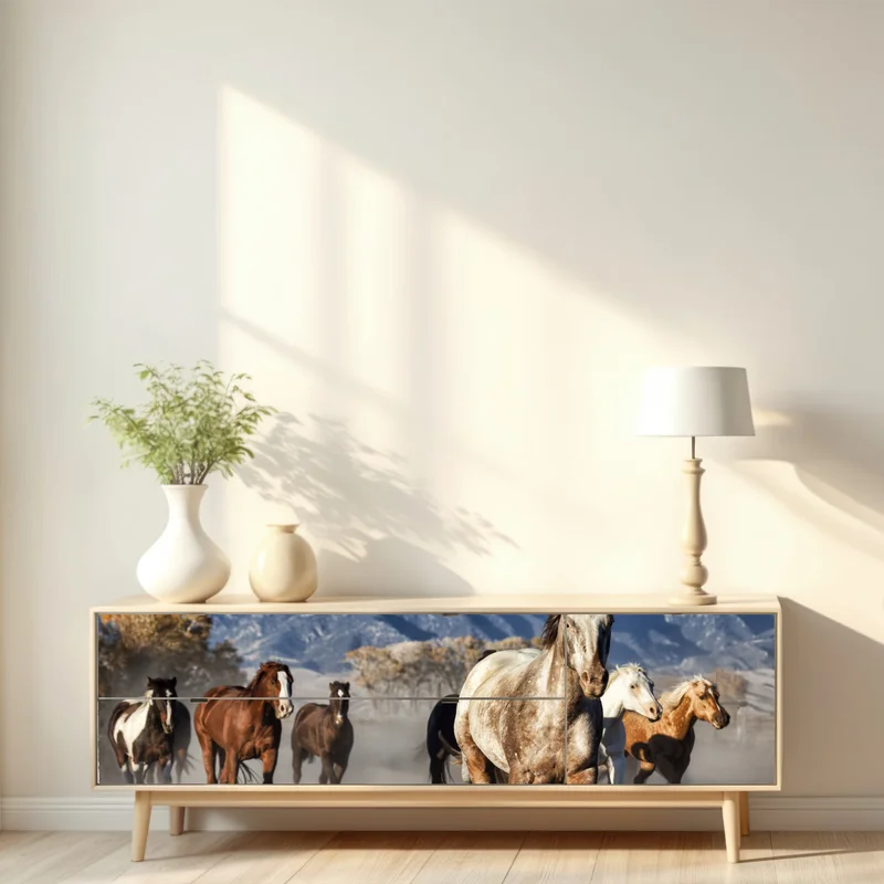 Repositionierbarer Aufkleber wilde pferde galoppieren auf gebirgswiese