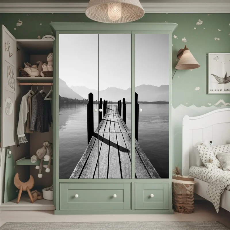 Schrankaufkleber ruhiger steg am see in schwarzweiß