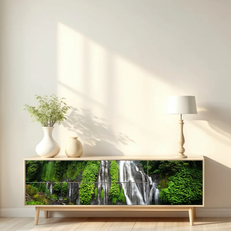 Repositionierbarer Aufkleber ruhiger wasserfall im smaragdgrünen wald