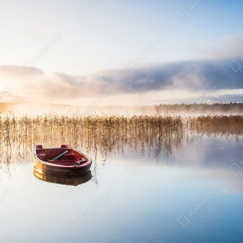 Fototapete nebliger morgen am see mit rotem boot Fototapete nebliger morgen am see mit rotem boot