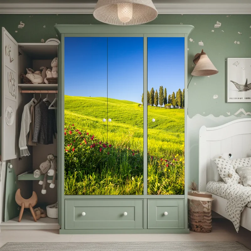 Schrankaufkleber sonnige grüne hügel mit zypressen