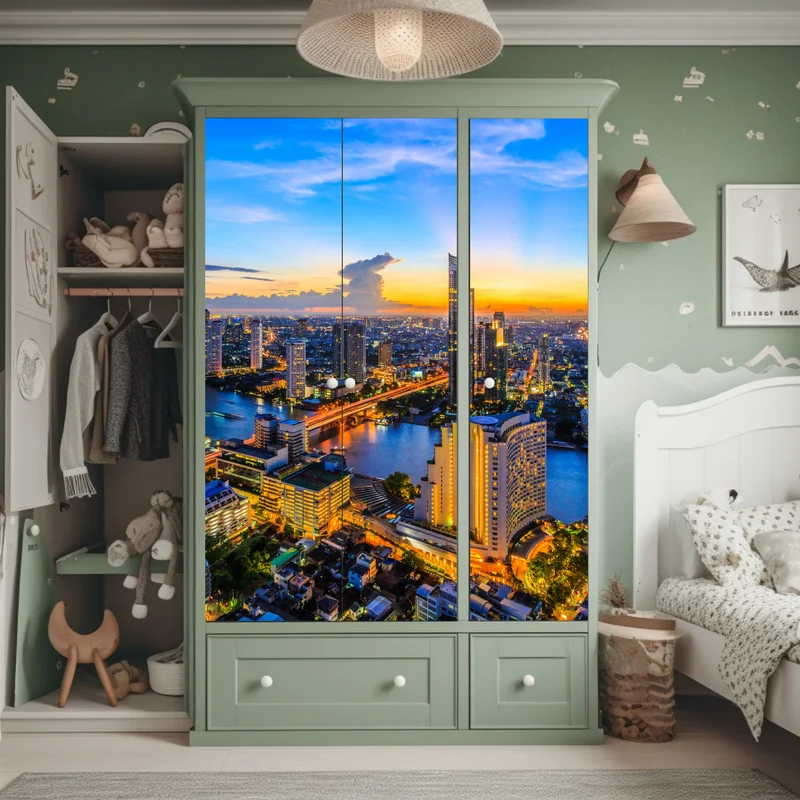 Schrankaufkleber lebendige stadtskyline bei dämmerung