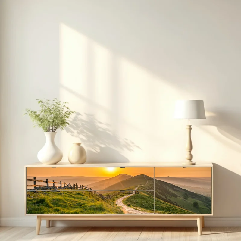 Repositionierbarer Aufkleber sonnenaufgang über grünen hügeln