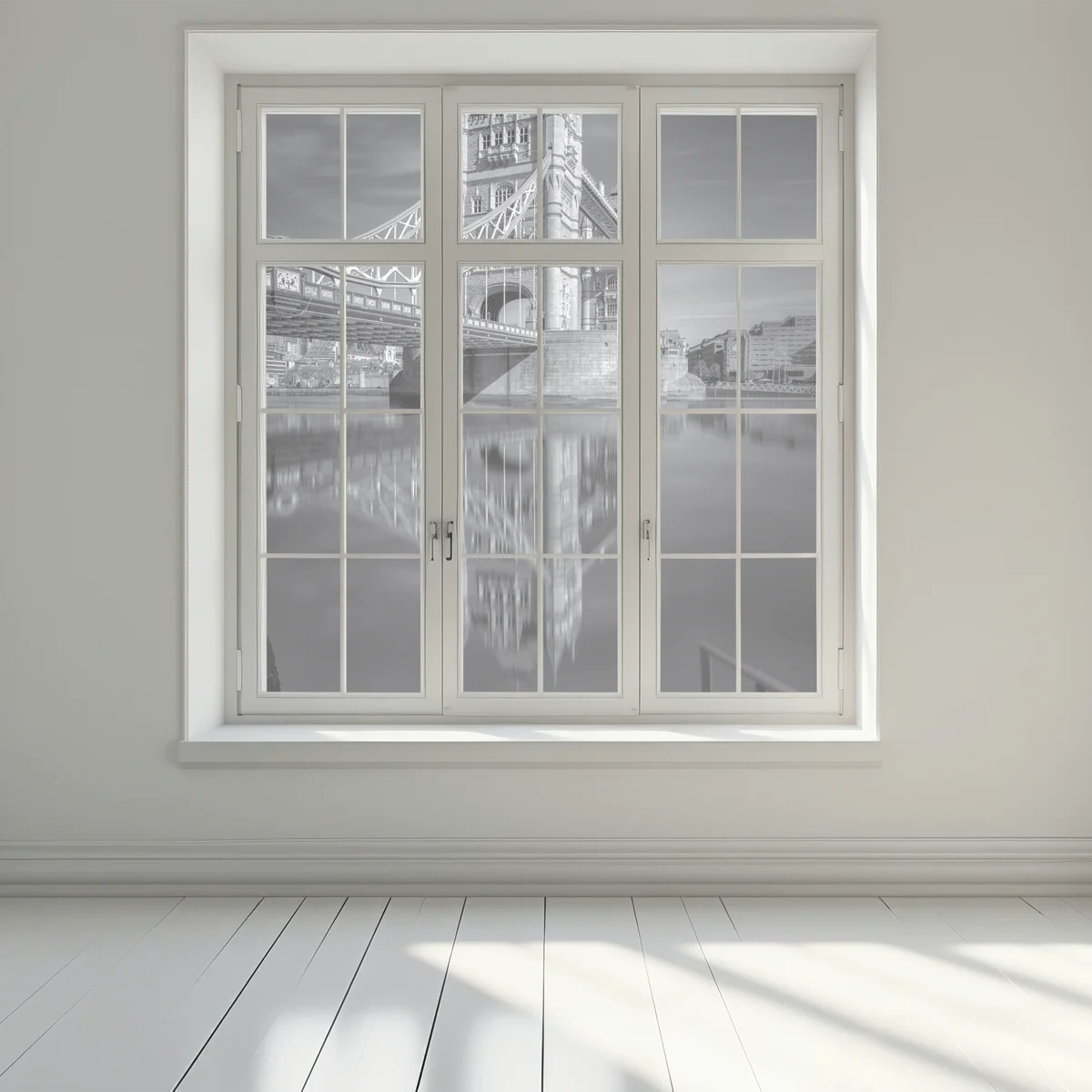 Naklejka na okno Tower Bridge odbicie w odcieniach szarości Naklejka na okno Tower Bridge odbicie w odcieniach szarości