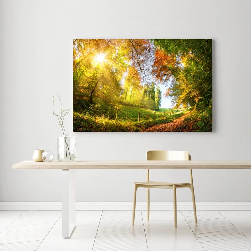 Leinwandbild goldener herbstwaldweg Leinwandbild goldener herbstwaldweg