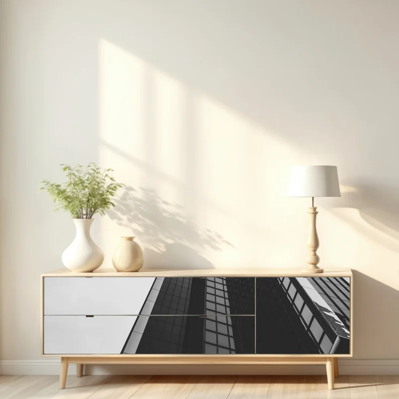 Repositionierbarer Aufkleber monochromer wolkenkratzer in perspektive