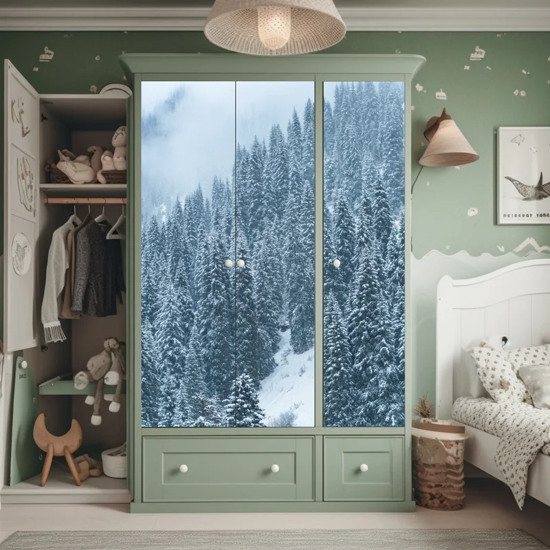 Schrankaufkleber nebeliger schneebedeckter kiefernwald Schrankaufkleber nebeliger schneebedeckter kiefernwald