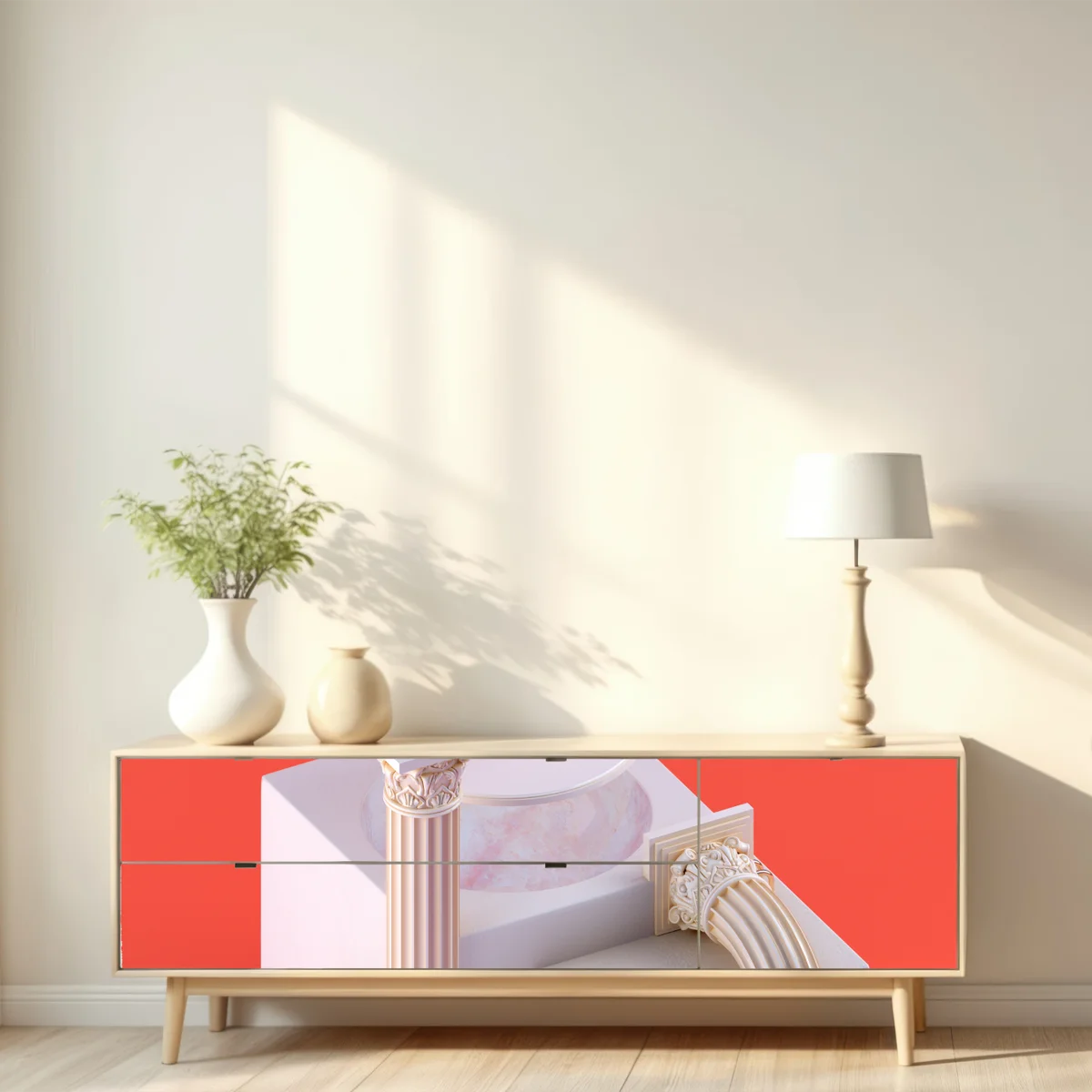 Repositionierbarer Aufkleber marmorkugel und klassische säulen auf orange Repositionierbarer Aufkleber marmorkugel und klassische säulen auf orange