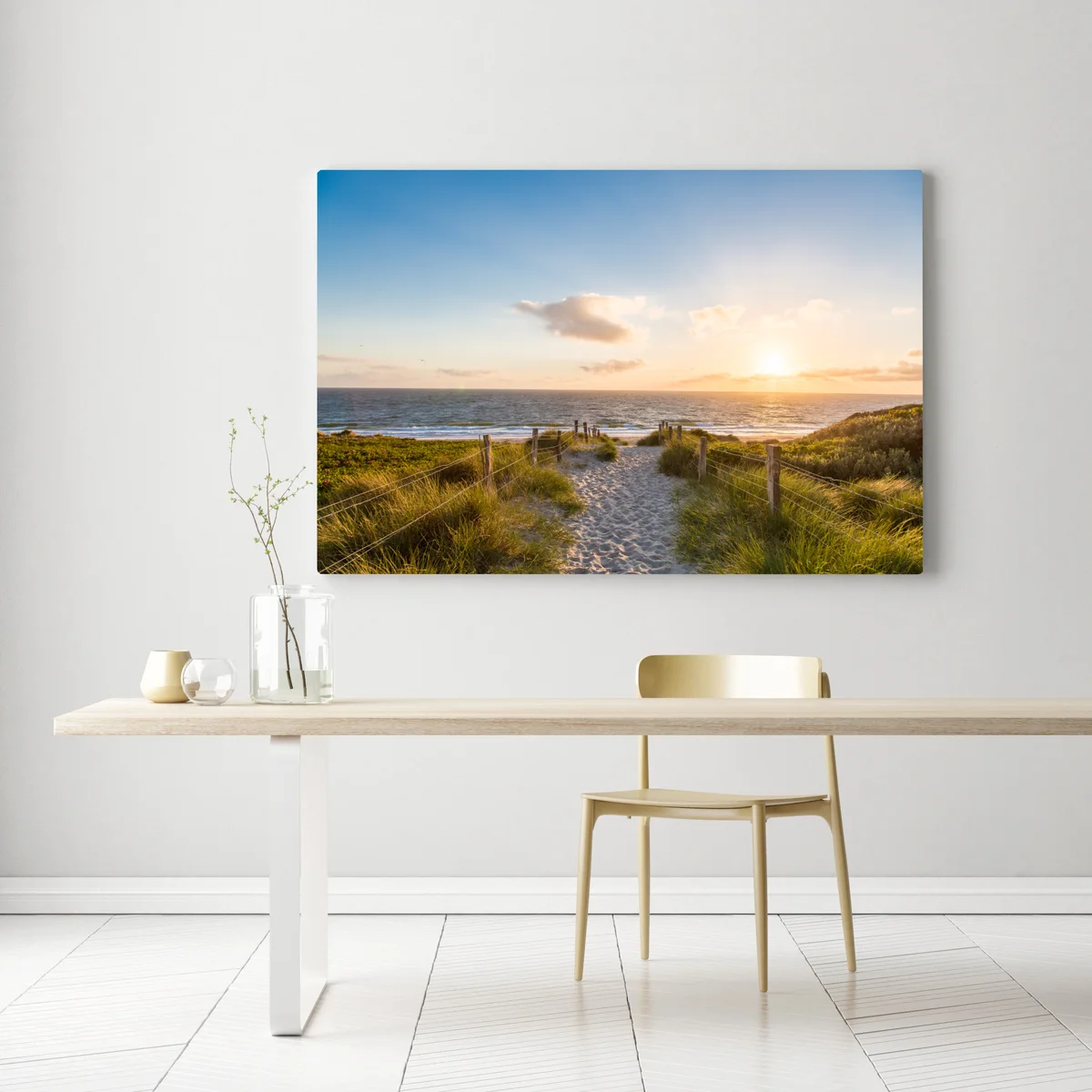 Leinwandbild sonnenbeschienener strandweg zum meer Leinwandbild sonnenbeschienener strandweg zum meer