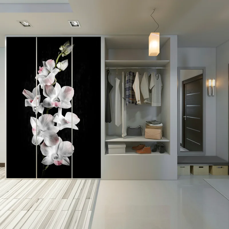 Schrankaufkleber weiße und rosa orchidee vor schwarzem hintergrund