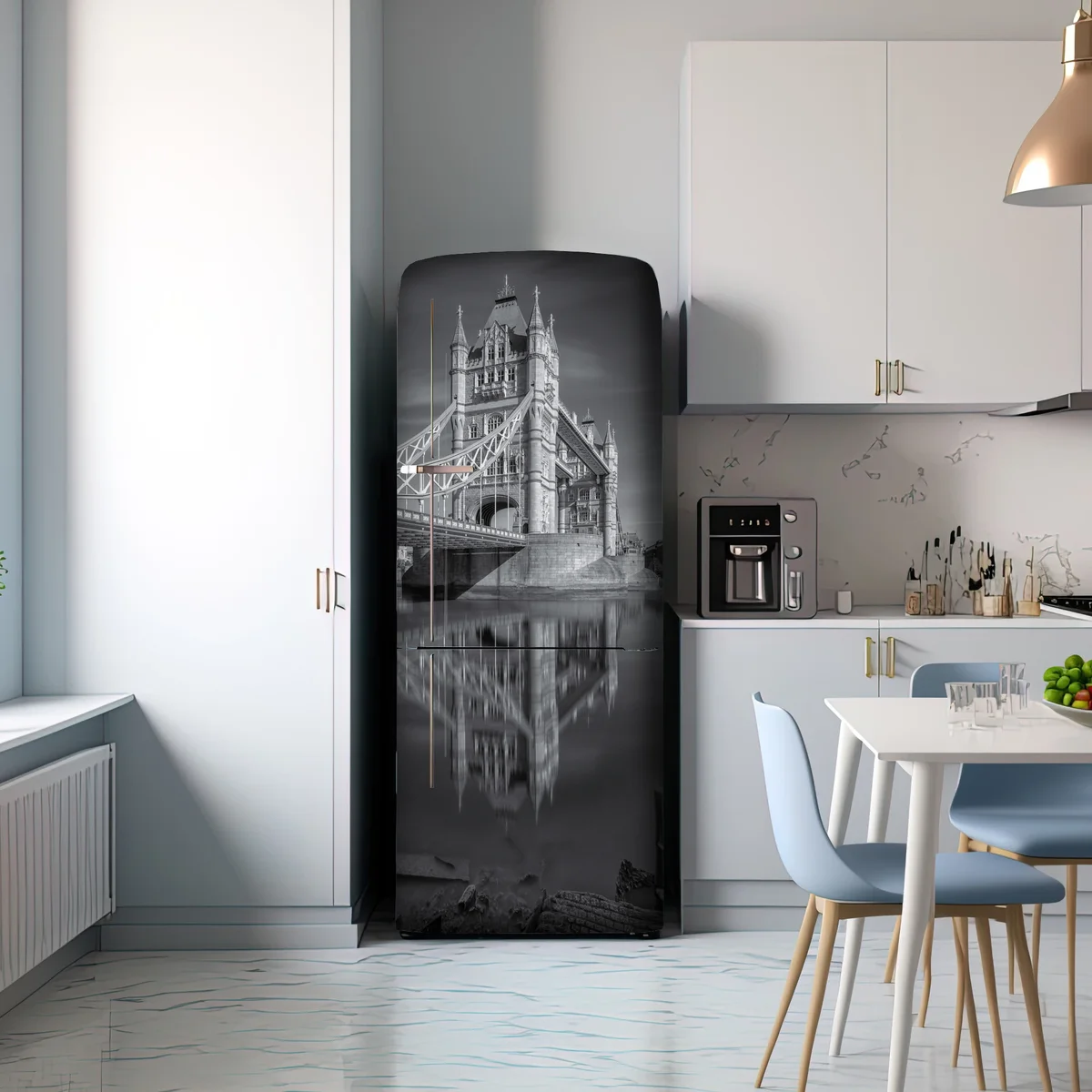 Kühlschrankaufkleber Tower Bridge reflektiert in schwarzweiß Kühlschrankaufkleber Tower Bridge reflektiert in schwarzweiß