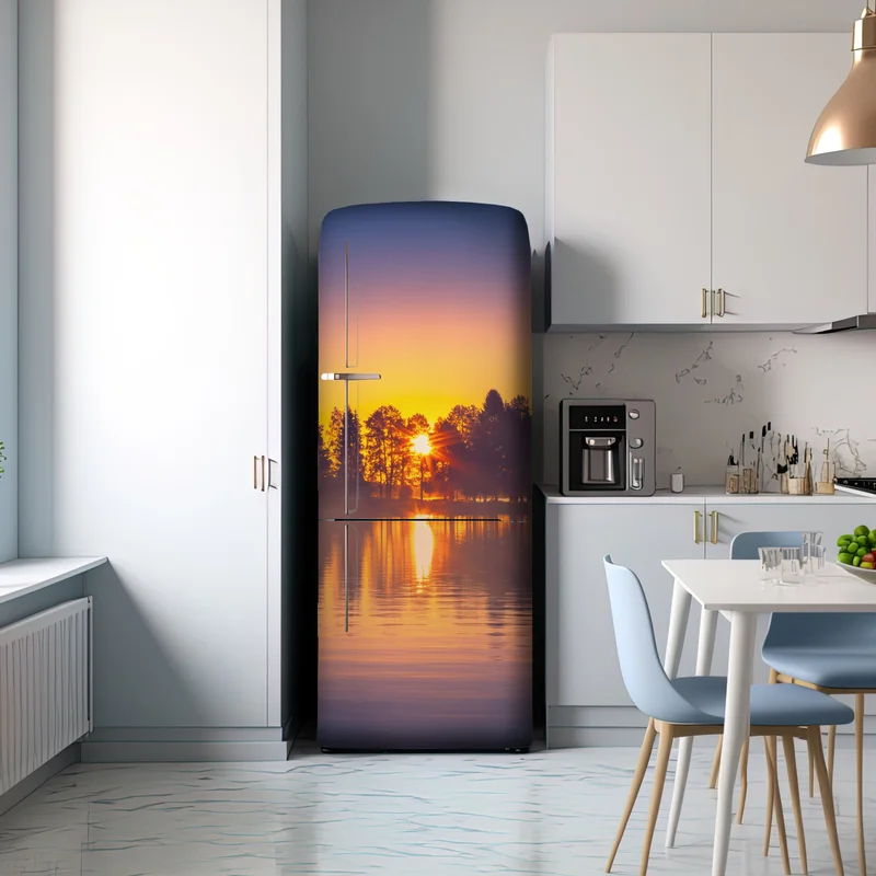 Kühlschrankaufkleber nebliger sonnuntergang am see
