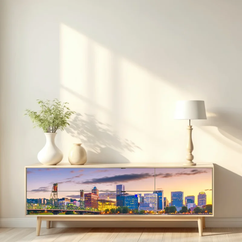 Repositionierbarer Aufkleber Portland skyline in der dämmerung über dem Willamette