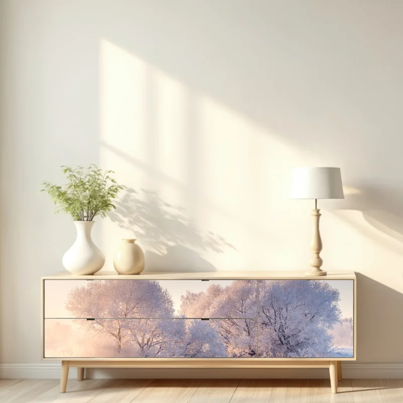 Repositionierbarer Aufkleber raureifbedeckte bäume bei sonnenaufgang