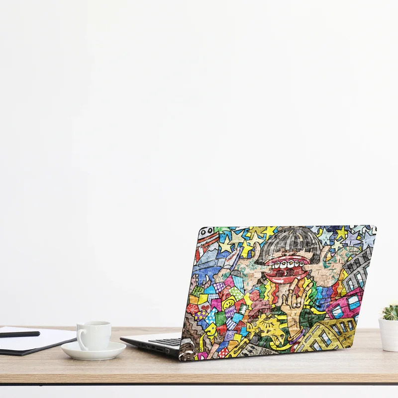 Laptop-Aufkleber buntes graffiti-mural mit verspielter figur Laptop-Aufkleber buntes graffiti-mural mit verspielter figur