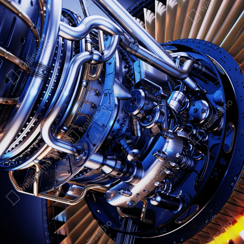 Leinwandbild nahaufnahme einer turbinenanlage in blau und orange Leinwandbild nahaufnahme einer turbinenanlage in blau und orange