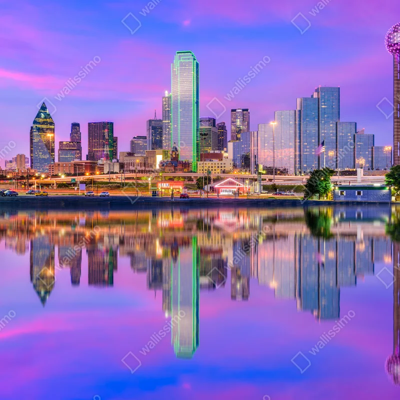 Fototapete Dallas skyline im violetten abendlicht Fototapete Dallas skyline im violetten abendlicht
