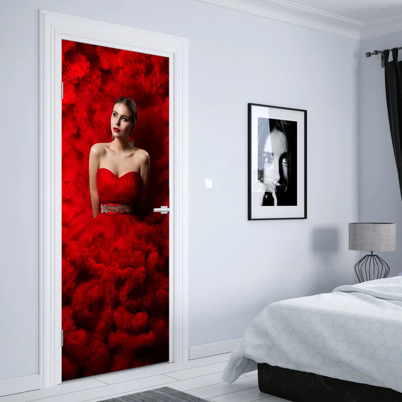 Türaufkleber elegantes porträt im roten kleid • Türaufkleber bei Wallnifity® Türaufkleber elegantes porträt im roten kleid • Türaufkleber bei Wallnifity®