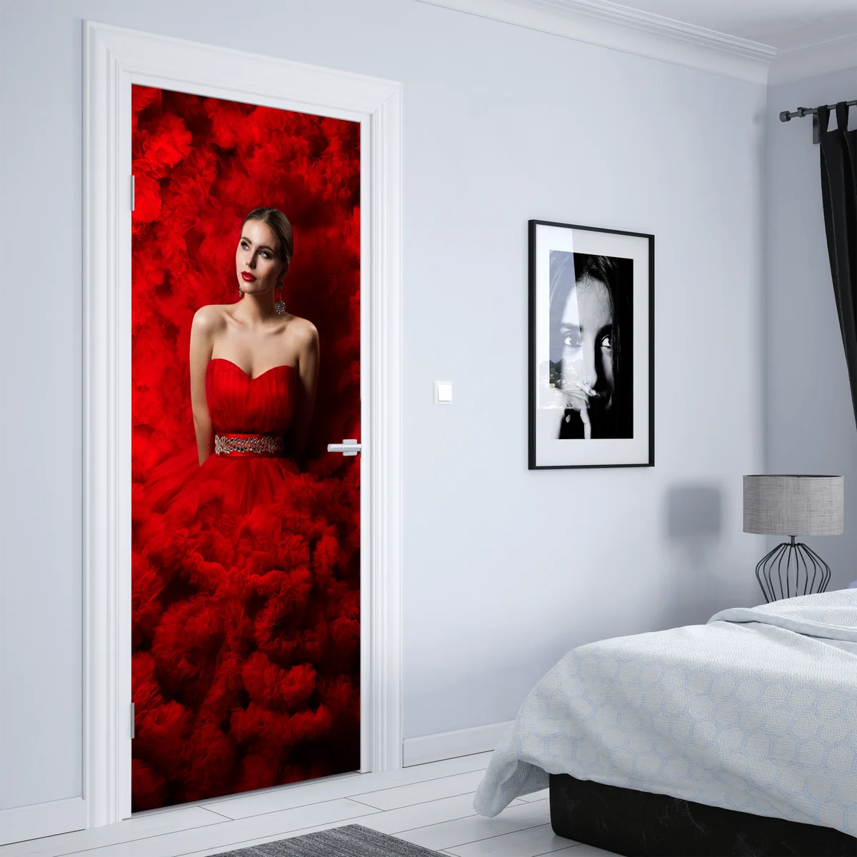 Türaufkleber elegantes porträt im roten kleid • Türaufkleber bei Wallnifity® Türaufkleber elegantes porträt im roten kleid • Türaufkleber bei Wallnifity®