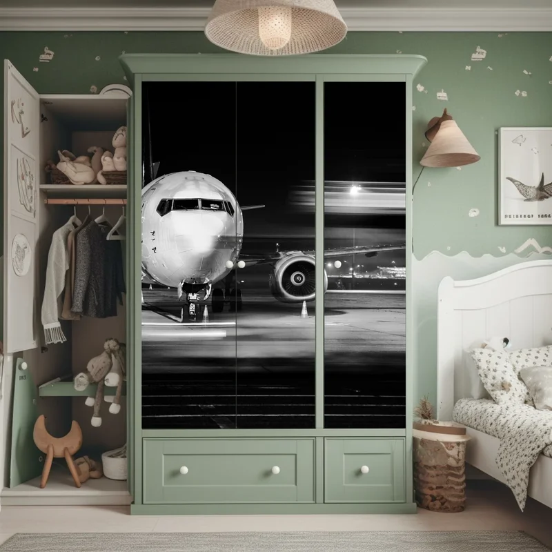 Schrankaufkleber monochromes jet auf dem rollfeld bei nacht