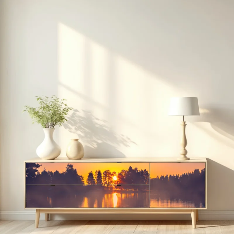 Repositionierbarer Aufkleber nebliger sonnuntergang am see Repositionierbarer Aufkleber nebliger sonnuntergang am see