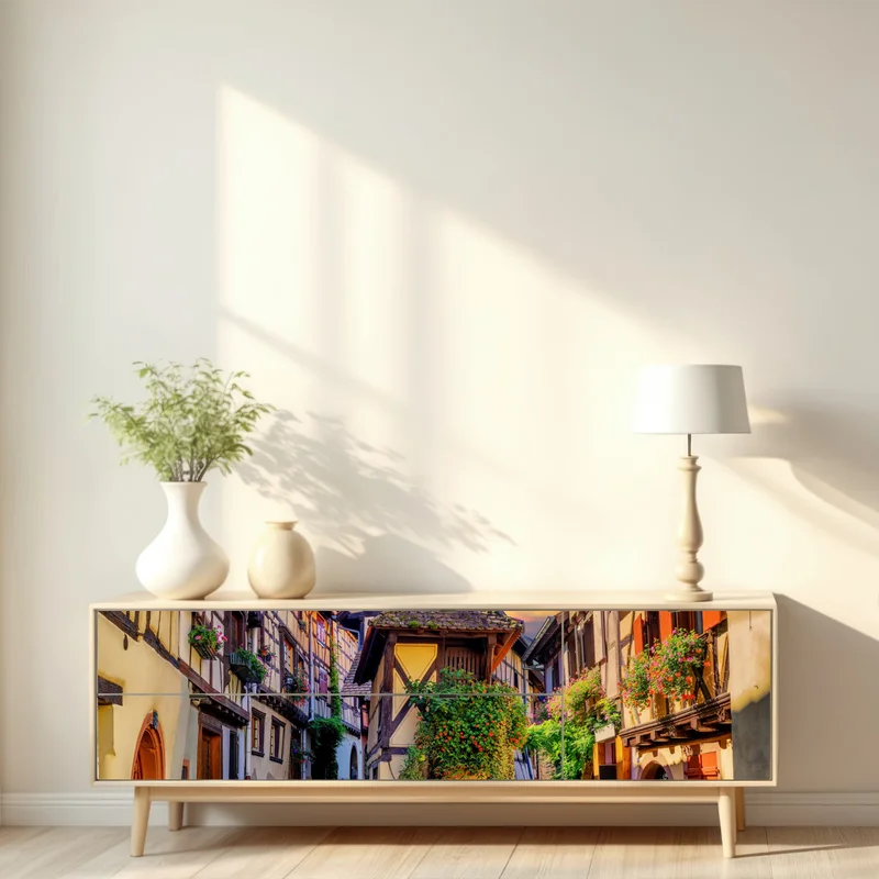 Repositionierbarer Aufkleber malerische fachwerkstraße in Eguisheim, Elsass