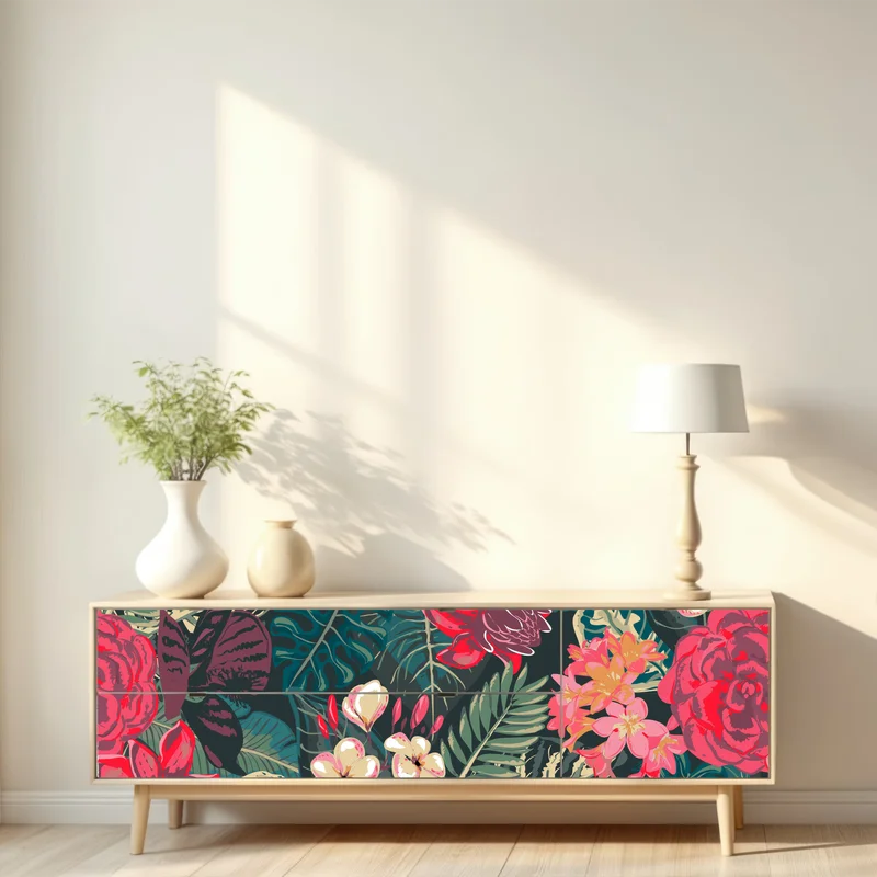 Repositionierbarer Aufkleber tropisches blumenmuster in rosa und türkis