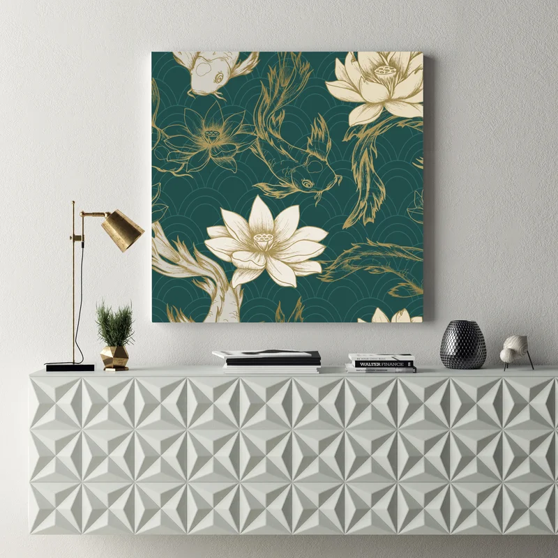 Leinwandbild orientalisches koi- und lotosmuster in türkis und gold Leinwandbild orientalisches koi- und lotosmuster in türkis und gold