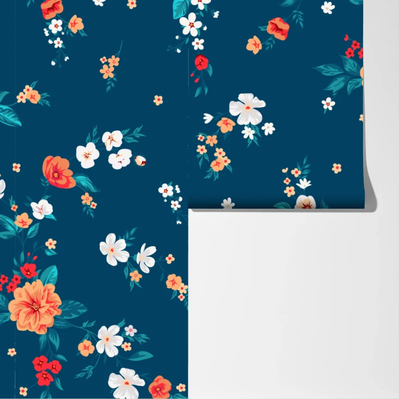 Fototapete zartes verstreutes blumenmuster auf tiefem türkis Fototapete zartes verstreutes blumenmuster auf tiefem türkis