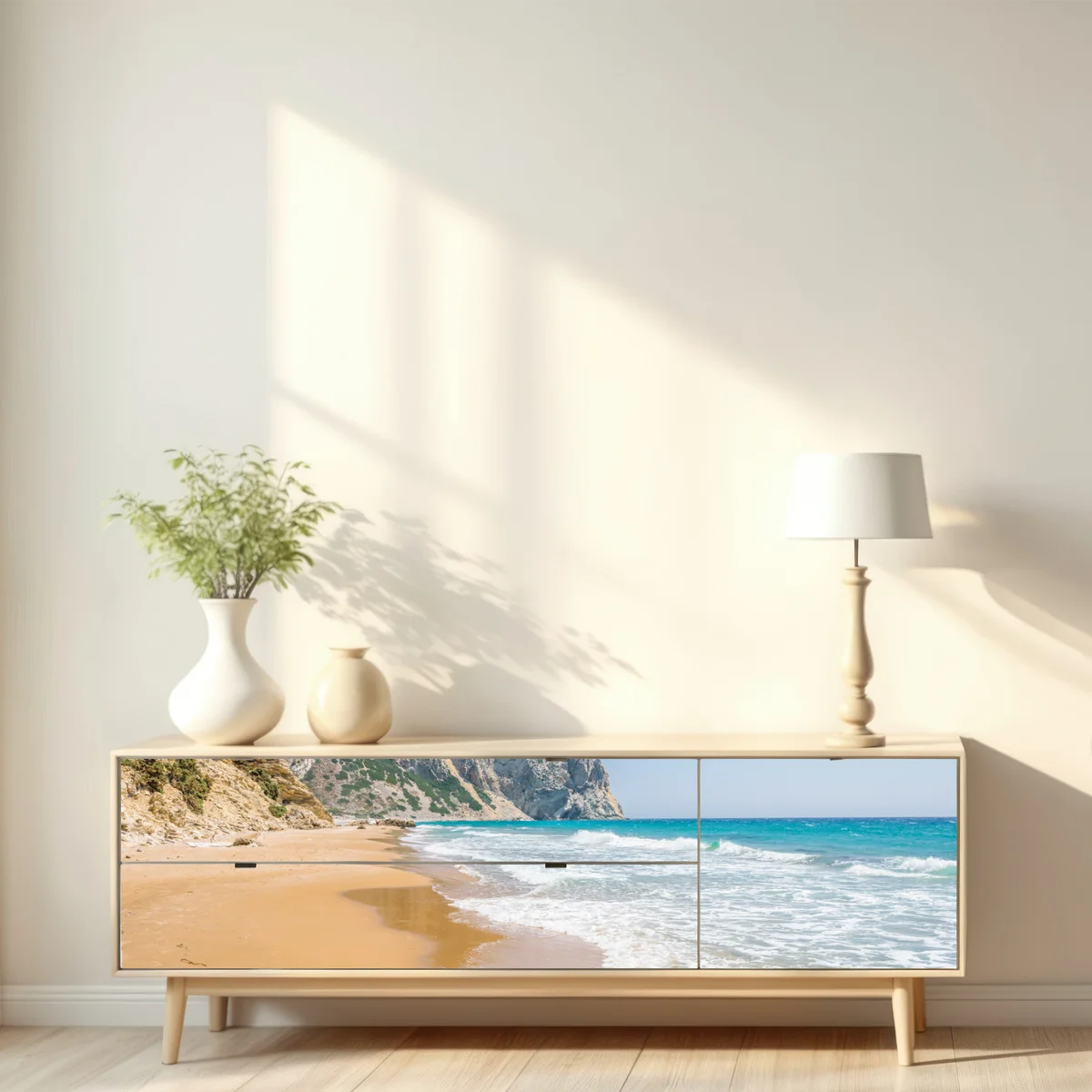 Repositionierbarer Aufkleber sonniger türkisfarbener strand mit klippen Repositionierbarer Aufkleber sonniger türkisfarbener strand mit klippen