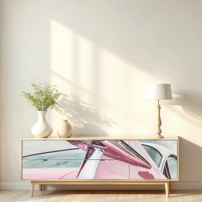 Repositionierbarer Aufkleber rosa retro klassisches auto heckflosse