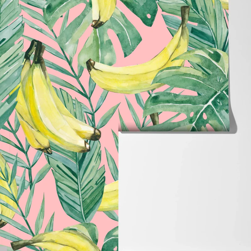 Fototapeta akwarelowy wzór z bananami i liśćmi na różowym tle Fototapeta akwarelowy wzór z bananami i liśćmi na różowym tle