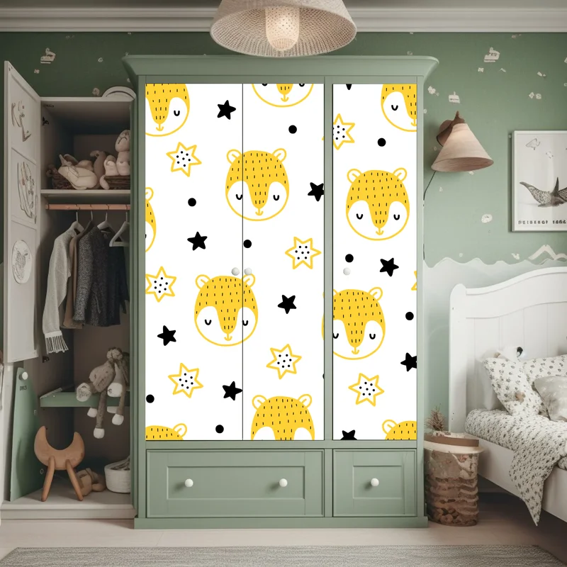 Schrankaufkleber niedliches gelbes tiergesichter muster für kinderzimmer Schrankaufkleber niedliches gelbes tiergesichter muster für kinderzimmer