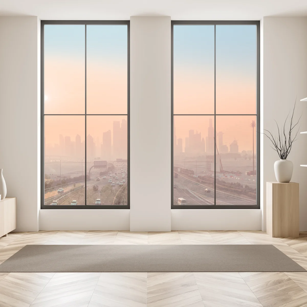 Naklejka na okno Dubaj panorama o wschodzie słońca Naklejka na okno Dubaj panorama o wschodzie słońca