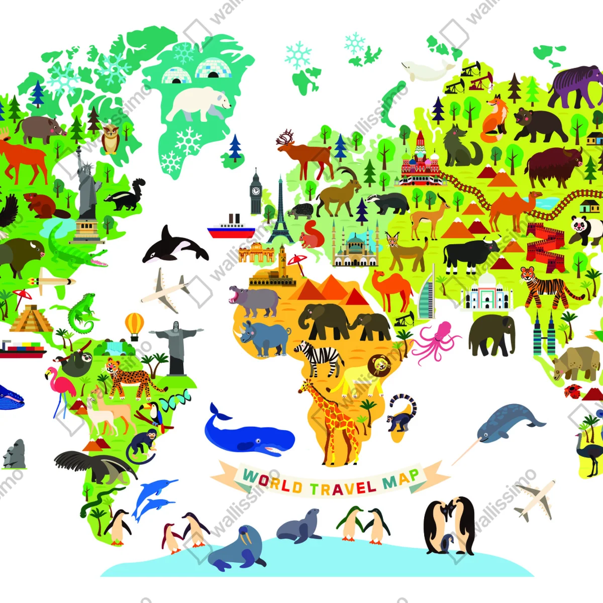 Leinwandbild bunte weltkarte mit tieren Leinwandbild bunte weltkarte mit tieren