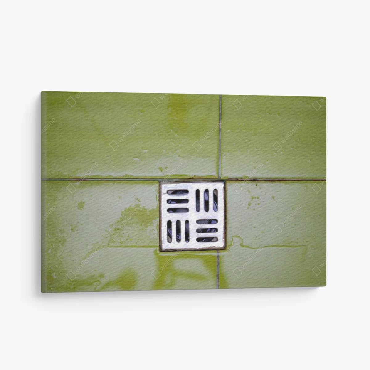 Leinwandbild Duschrost auf dem Boden. Draufsicht Abflussloch im Badezimmer. Nasse grüne Fliesen und Metallbodengitter. • Leinwandbilder bei Wallnifity® Leinwandbild Duschrost auf dem Boden. Draufsicht Abflussloch im Badezimmer. Nasse grüne Fliesen und Metallbodengitter. • Leinwandbilder bei Wallnifity®