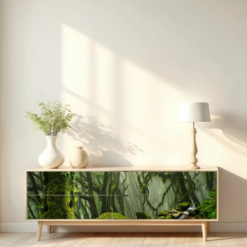 Repositionierbarer Aufkleber moosiger wald mit bach im nebel Repositionierbarer Aufkleber moosiger wald mit bach im nebel