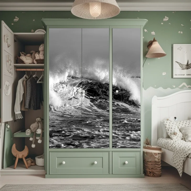 Schrankaufkleber dramatische schwarzweiß-welle des ozeans