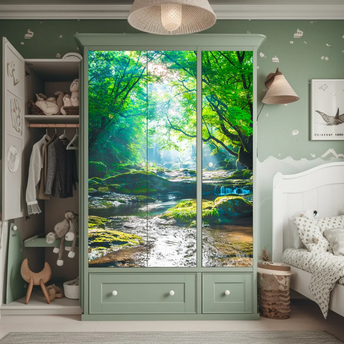 Schrankaufkleber sonnendurchfluteter waldbach mit moosbedeckten steinen Schrankaufkleber sonnendurchfluteter waldbach mit moosbedeckten steinen