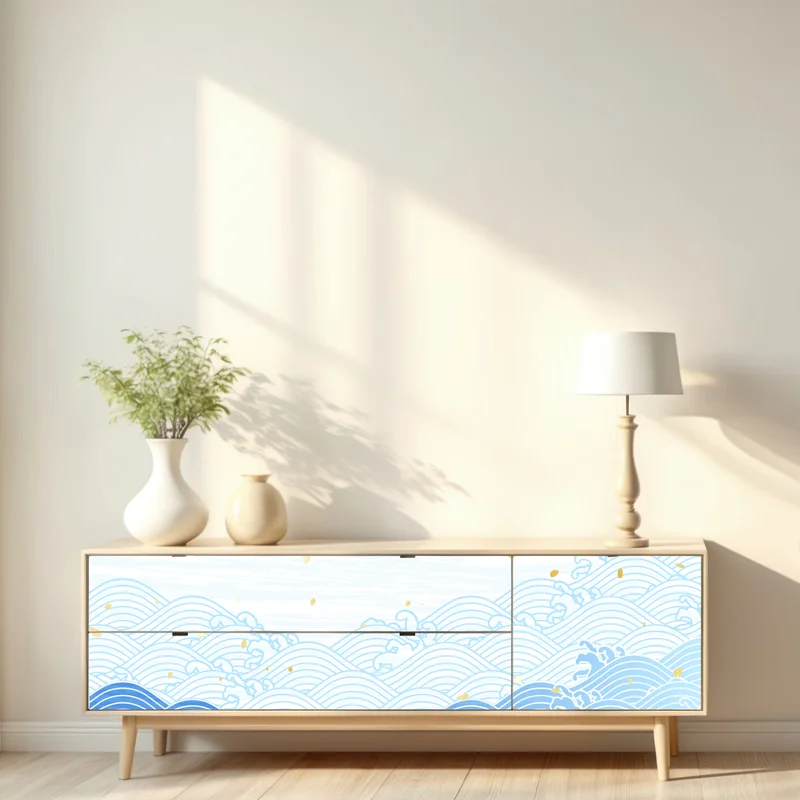 Repositionierbarer Aufkleber ruhige blaue wellen mit goldakzenten
