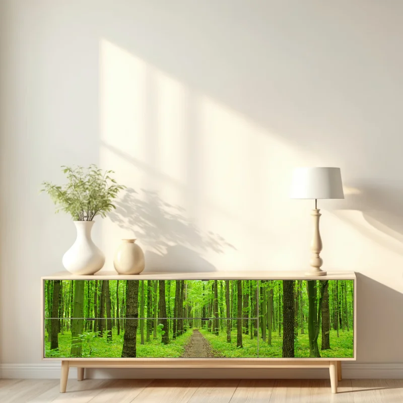 Repositionierbarer Aufkleber ruhiger grüner waldweg Repositionierbarer Aufkleber ruhiger grüner waldweg