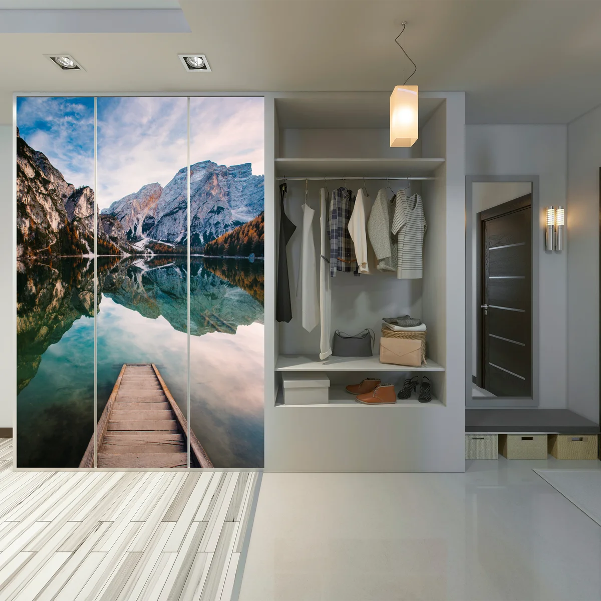 Schrankaufkleber ruhiger alpensee mit hölzernem steg Schrankaufkleber ruhiger alpensee mit hölzernem steg