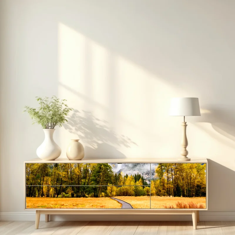 Repositionierbarer Aufkleber herbstlicher steg zum wasserfall