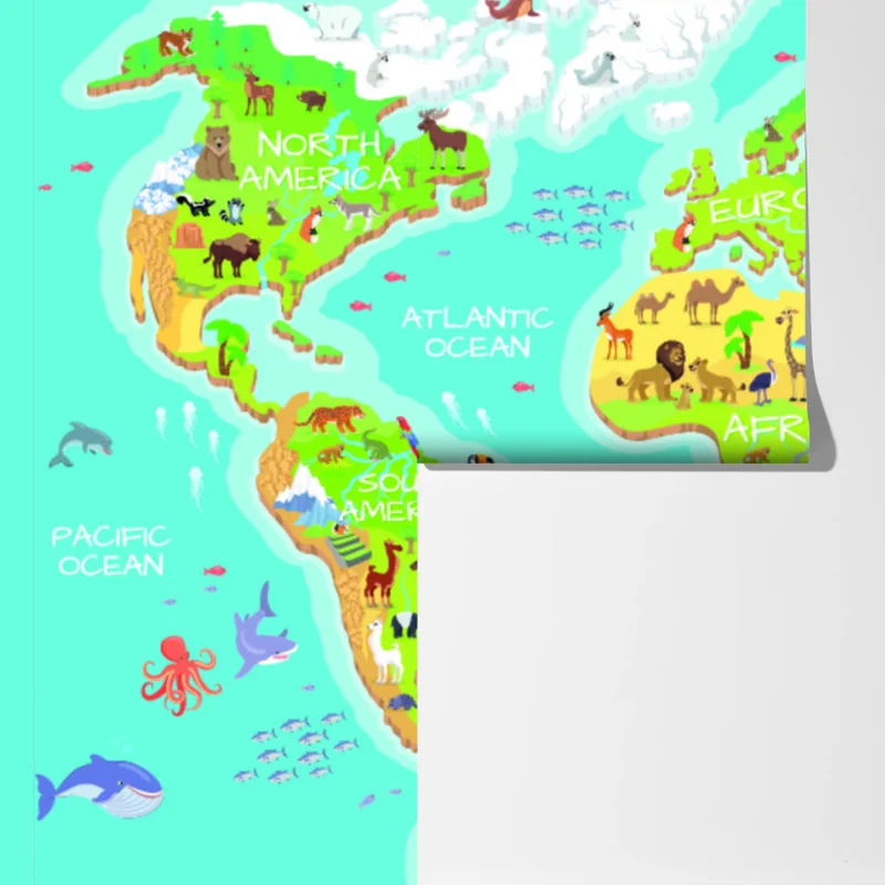 Fototapete bunte weltkarte mit tieren für kinder Fototapete bunte weltkarte mit tieren für kinder